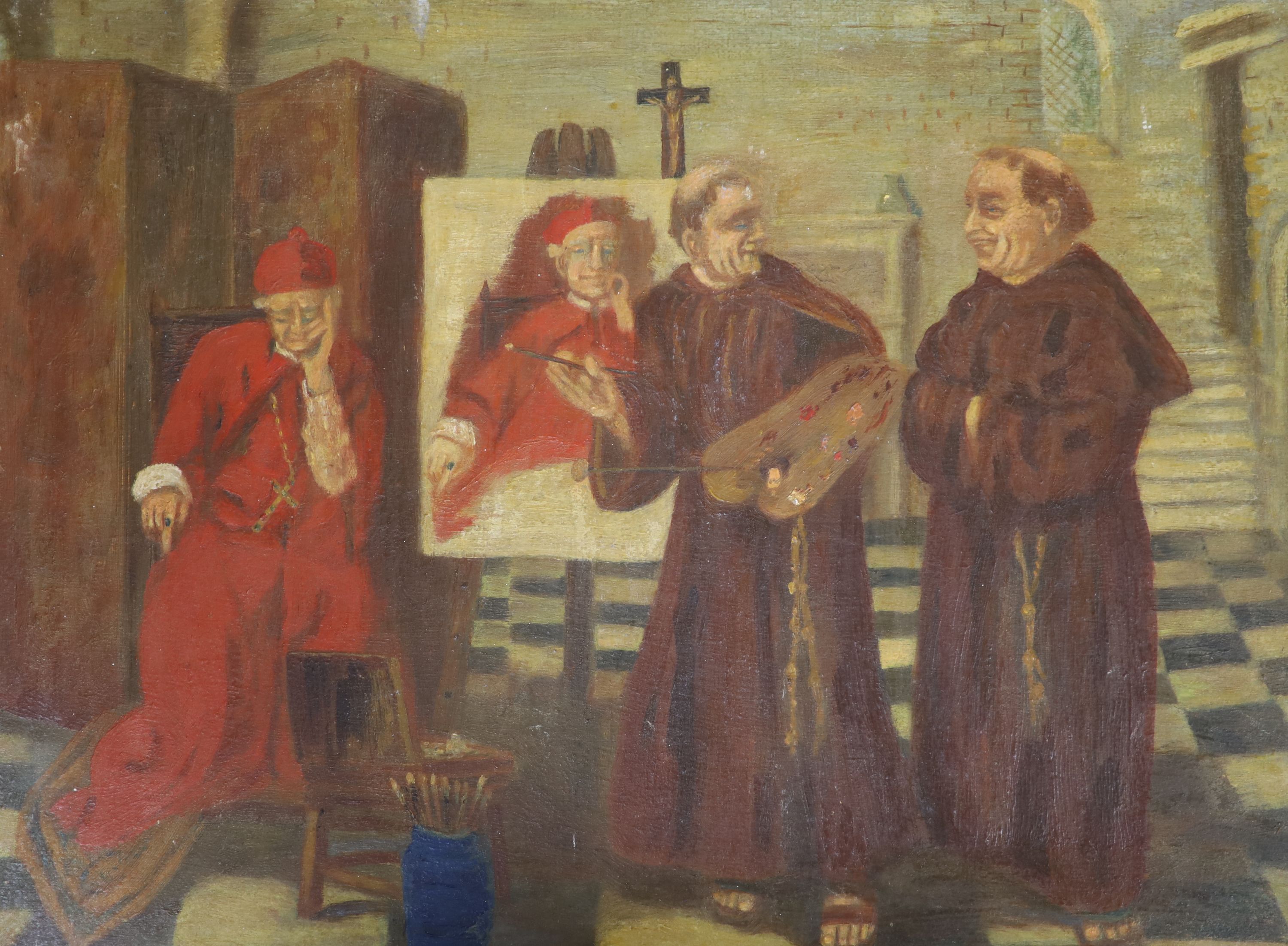 English School, oil on board, Monk artists laughing at a sleeping cardinal, 30 x 41cm, unframed